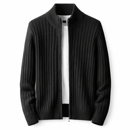 Męski prążkowany kardigan zapinany na zamek ze stójką – klasyczna dzianinowa kurtka na jesień, zimę, co dzień i w stylu smart casual