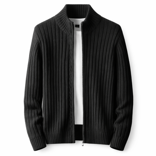 Herre Ribstrikket Cardigan Med Lynlås Og Ståkrave – Klassisk Strikjakke Til Efterår, Vinter, Hverdagsbrug Og Smart Casual Stil