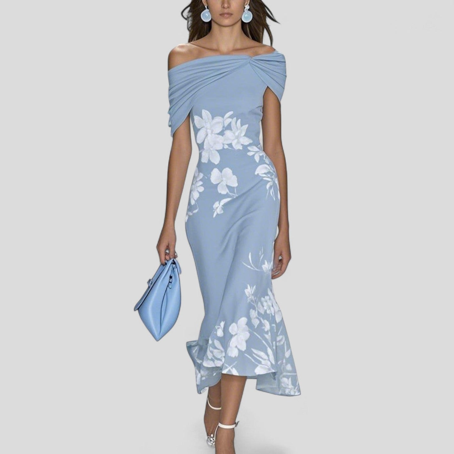 Dame Off-Shoulder Blomstret Midikjole Med Elegant Silhuet