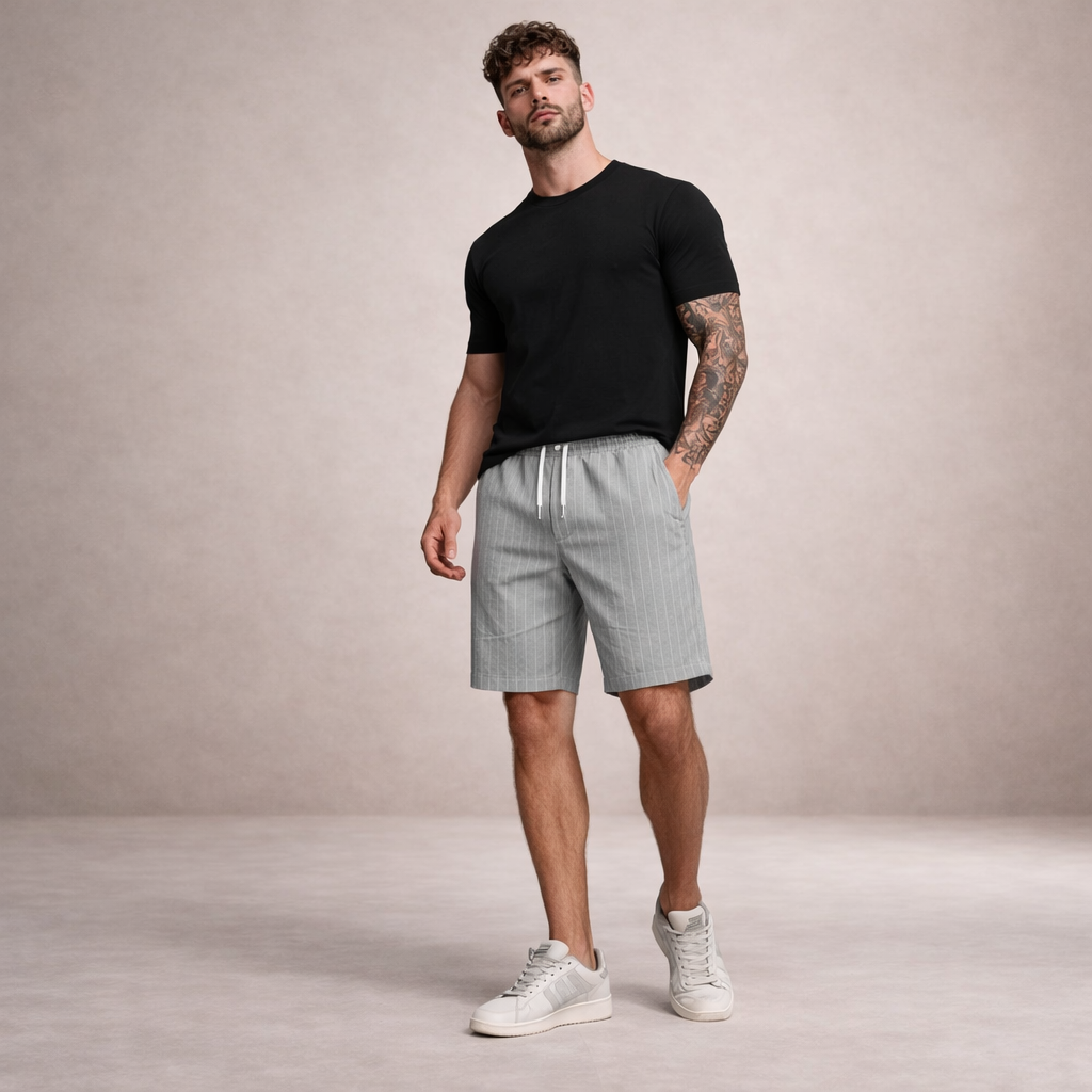 Herre Hørshorts Med Snøretalje Og Print – Afslappede Sommershorts Til Ferie, Strand, Fritid Og Hverdagsbrug
