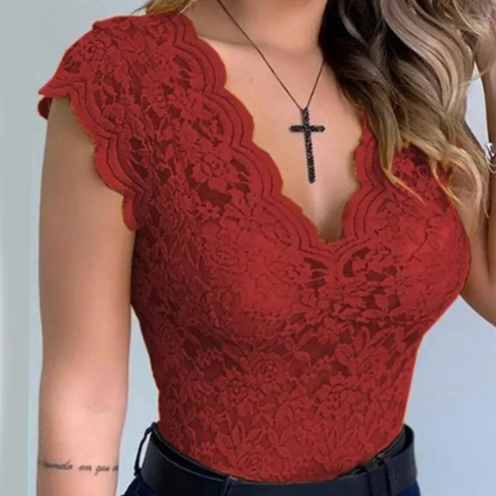 Dámské krajkové body bez rukávů s výstřihem do V a slim střihem – elegantní top na večírky, každodenní nošení a v elegantním ležérním stylu