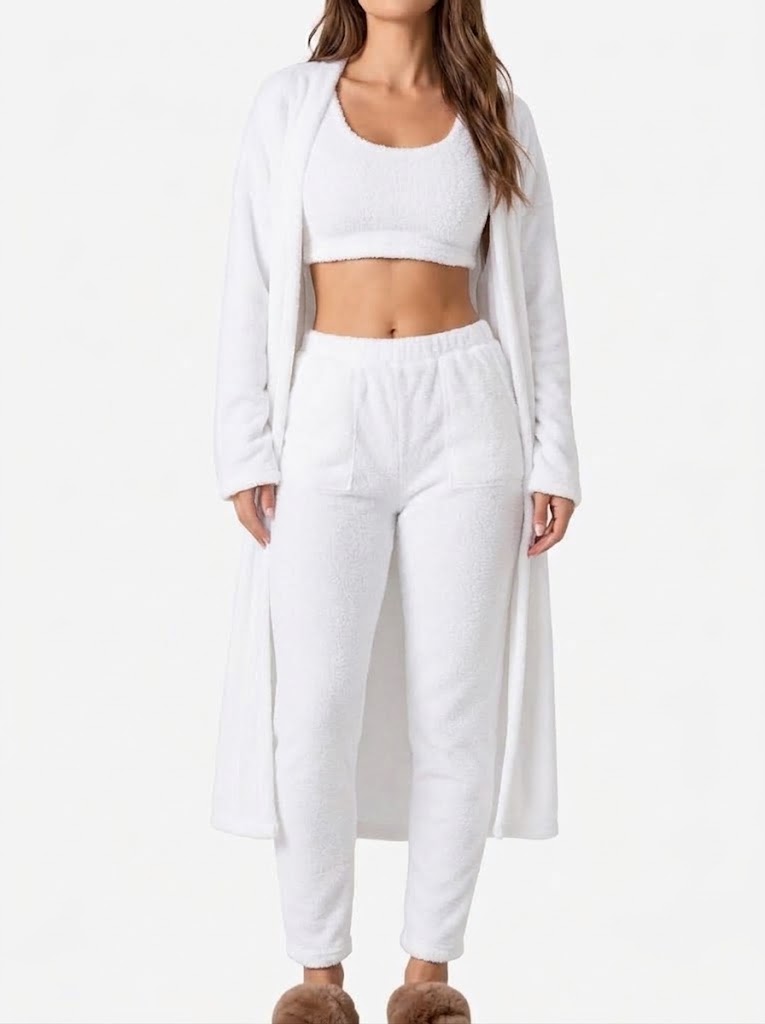 Conjunto de estar por casa de felpa de 3 piezas para mujer con camiseta de tirantes corta, cárdigan largo y pantalón con cintura elástica - conjunto suave y cómodo para casa, viajes y relajación