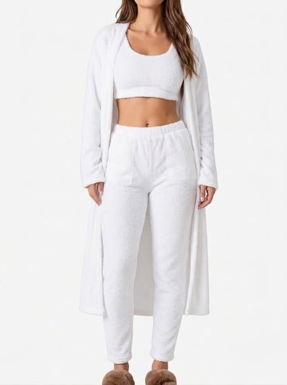 Conjunto de estar por casa de felpa de 3 piezas para mujer con camiseta de tirantes corta, cárdigan largo y pantalón con cintura elástica - conjunto suave y cómodo para casa, viajes y relajación