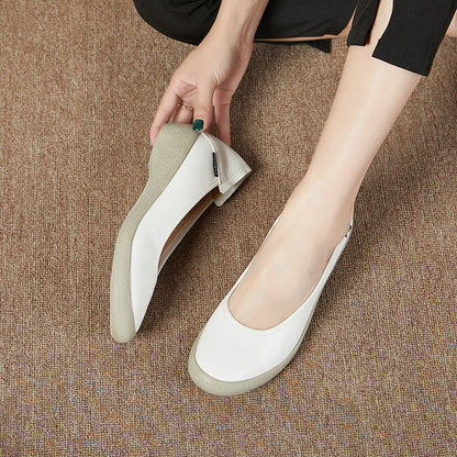 Zapatos de salón de piel auténtica para mujer, con punta redonda y tacón de cuña bajo – Elegantes zapatos sin cordones para la oficina y el día a día con comodidad