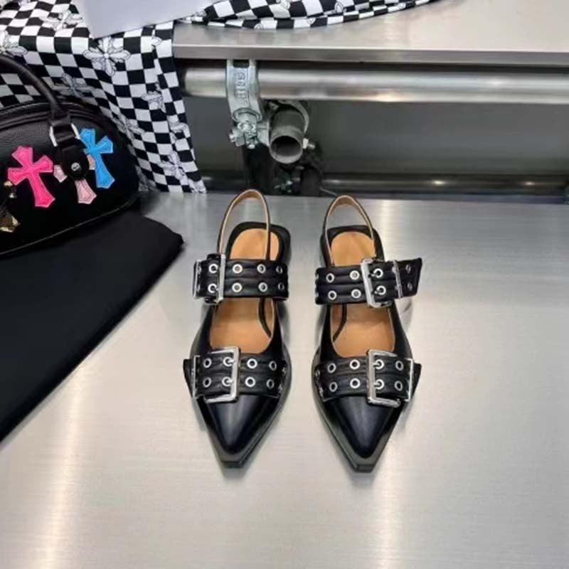 Women's Flat Slingback Shoes with Pointed Toes and Buckles - Elegant Patent-Look Shoes with Multiple Straps and Eyelet Details for Smart Casual Style and City Life
