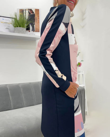 Vestido midi estampado para mujer con cremallera en el cuello - vestido de manga larga para el trabajo, salidas informales y entretiempo