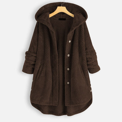 Dámská oversized teddy bunda s kapucí a zapínáním na knoflíky - měkká a hřejivá dlouhá zimní bunda do chladných dnů, na každodenní nošení a volný čas