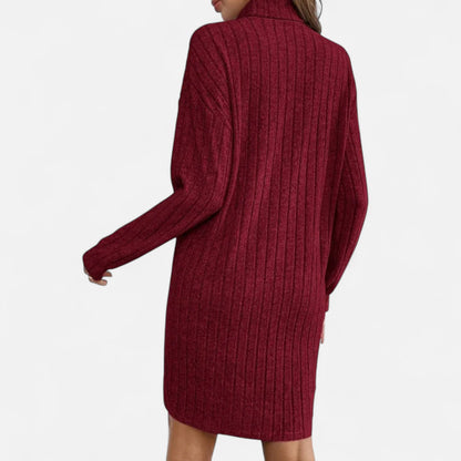 Women's Knitted Dress with High Neck and Textured Knit – Elegant Dress for Autumn, Winter, the Office, and Everyday Wear