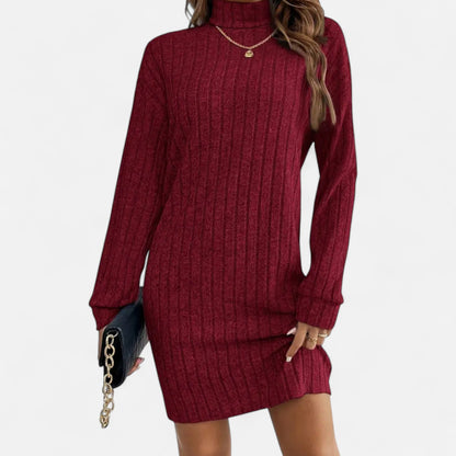 Women's Knitted Dress with High Neck and Textured Knit – Elegant Dress for Autumn, Winter, the Office, and Everyday Wear