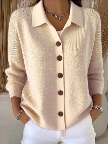 Dame Strikcardigan Med Knaplukning Og Afslappet Krave – Klassisk Cardigan Til Kontor, Hverdagsbrug, Fritid Og Smart Casual Stil