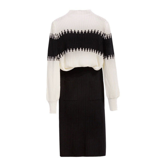 Set damă tricotat cu nervuri, 2 piese, cu pulover lejer cu mâneci lungi și fustă cu talie înaltă, cambrată - set elegant tricotat pentru purtare zilnică și stil smart casual