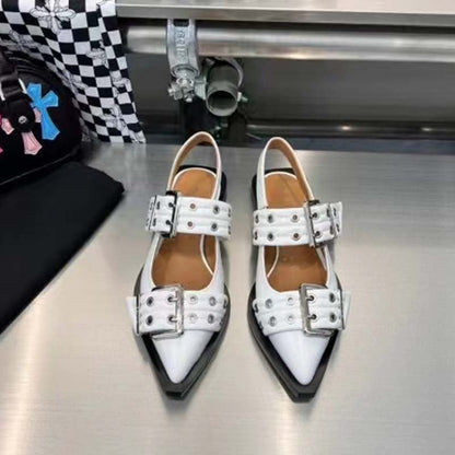 Women's Flat Slingback Shoes with Pointed Toes and Buckles - Elegant Patent-Look Shoes with Multiple Straps and Eyelet Details for Smart Casual Style and City Life