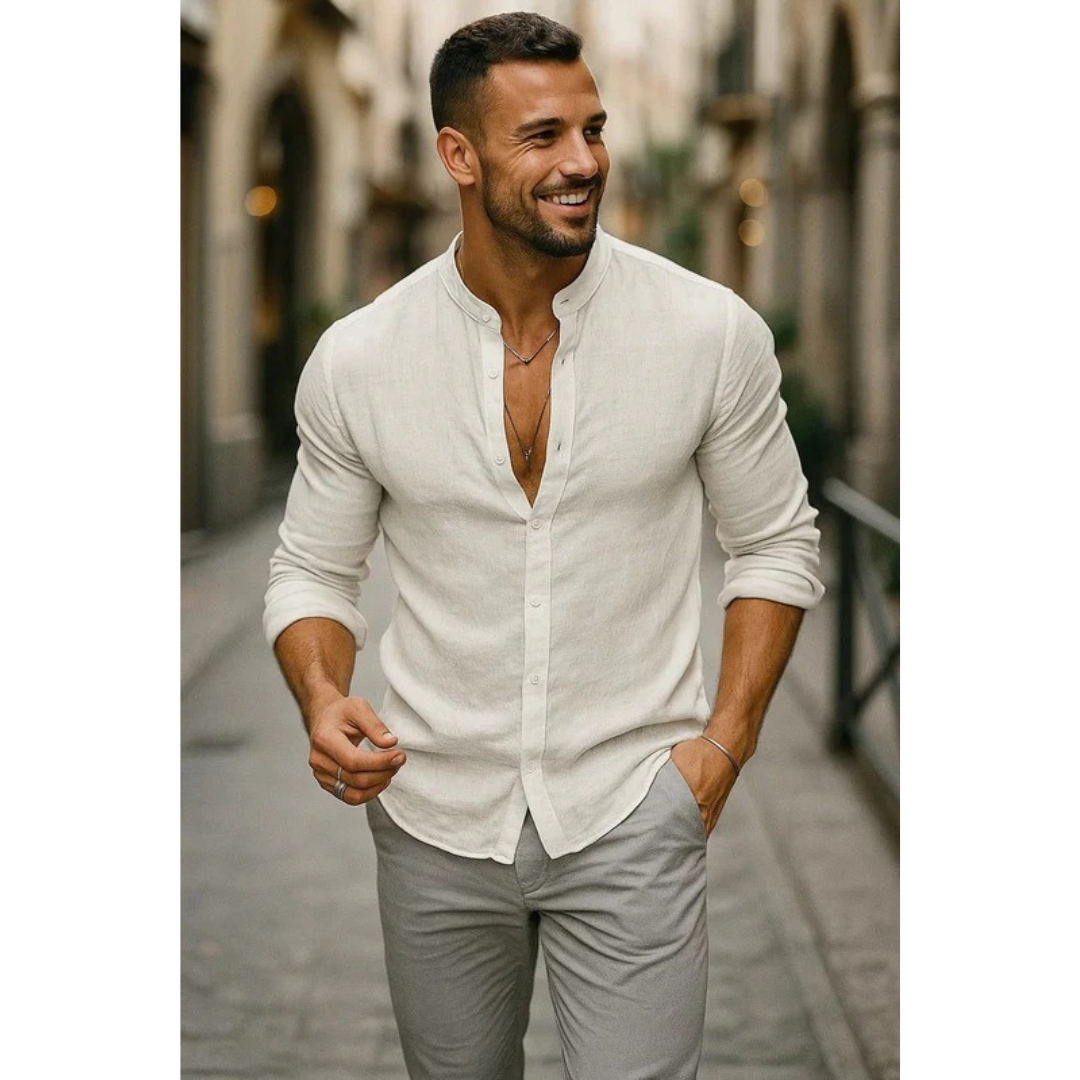 Men's Collarless Long-Sleeve Shirt – Lightweight Summer Shirt for Holidays, Everyday Wear, and Casual Style