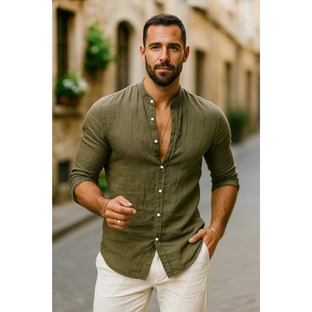 Men's Collarless Long-Sleeve Shirt – Lightweight Summer Shirt for Holidays, Everyday Wear, and Casual Style