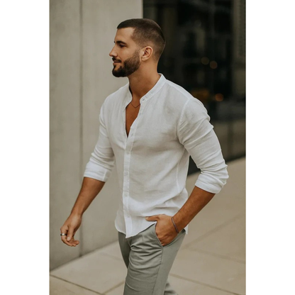 Men's Collarless Long-Sleeve Shirt – Lightweight Summer Shirt for Holidays, Everyday Wear, and Casual Style