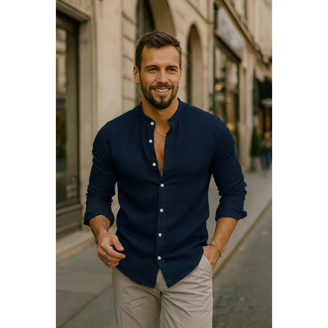 Men's Collarless Long-Sleeve Shirt – Lightweight Summer Shirt for Holidays, Everyday Wear, and Casual Style