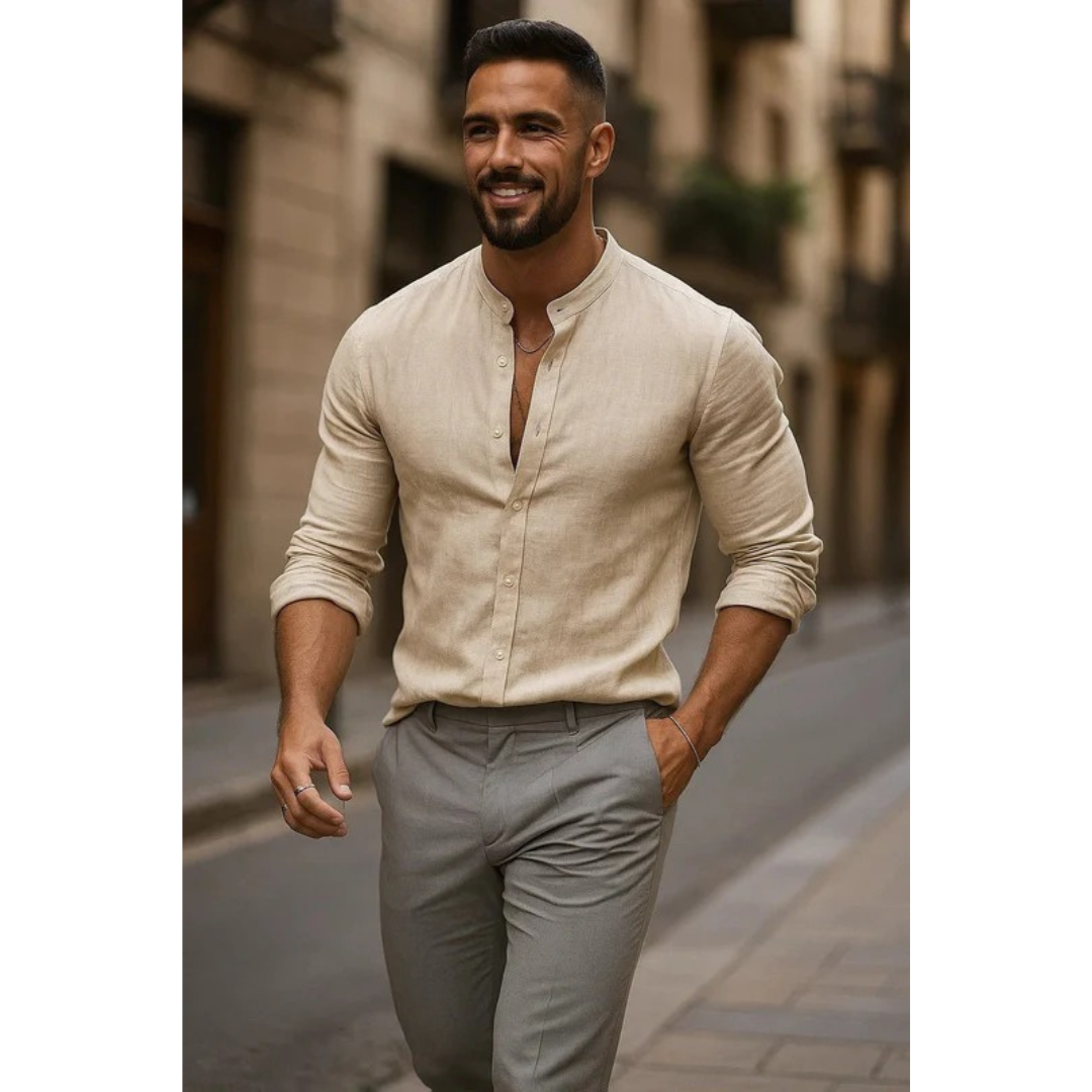 Men's Collarless Long-Sleeve Shirt – Lightweight Summer Shirt for Holidays, Everyday Wear, and Casual Style
