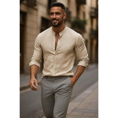 Men's Collarless Long-Sleeve Shirt – Lightweight Summer Shirt for Holidays, Everyday Wear, and Casual Style