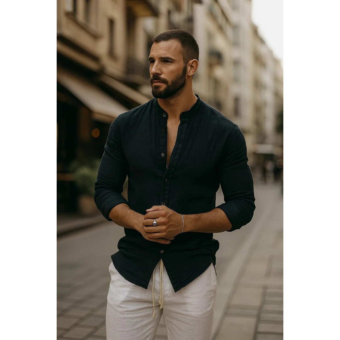 Men's Collarless Long-Sleeve Shirt – Lightweight Summer Shirt for Holidays, Everyday Wear, and Casual Style