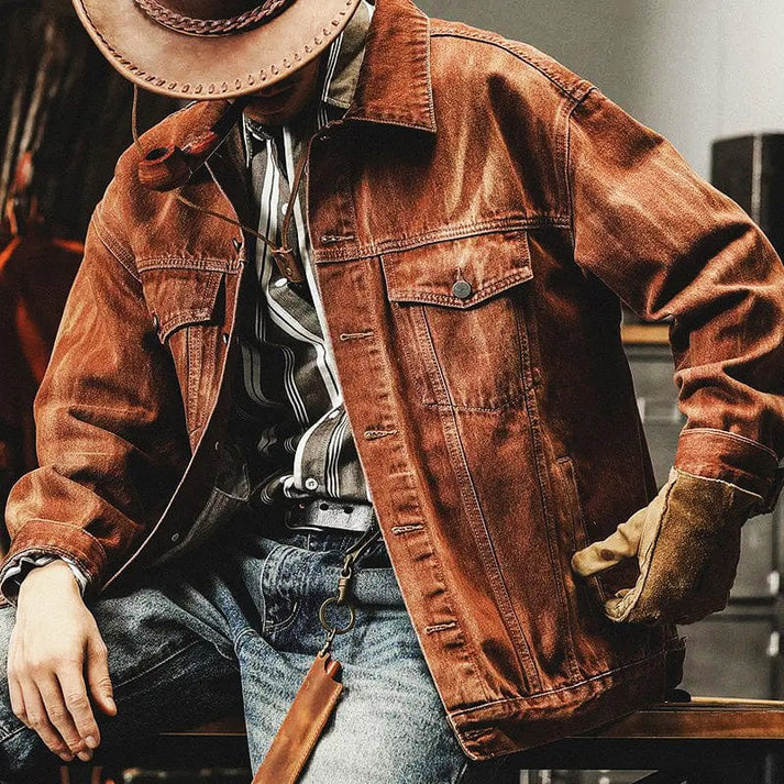 Herre Vintage Vasket Denimjakke Med Brystlommer Og Distressed Finish – Afslappet Trucker-jakke Til Efterår, Hverdagsbrug, Fritid Og Casual Stil