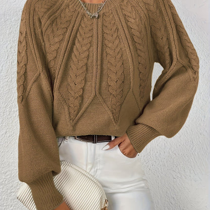 Dame Kabelstrikket Sweater Med Lanterneærmer Og Rund Hals