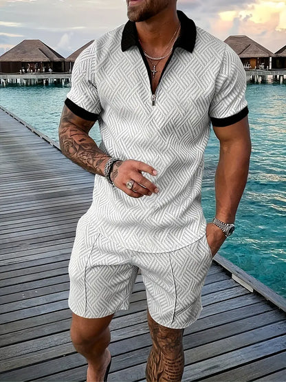 Herre Tekstureret Poloshirt- og Shortssæt – Elegant Sommersæt til Ferie og Afslappet Brug