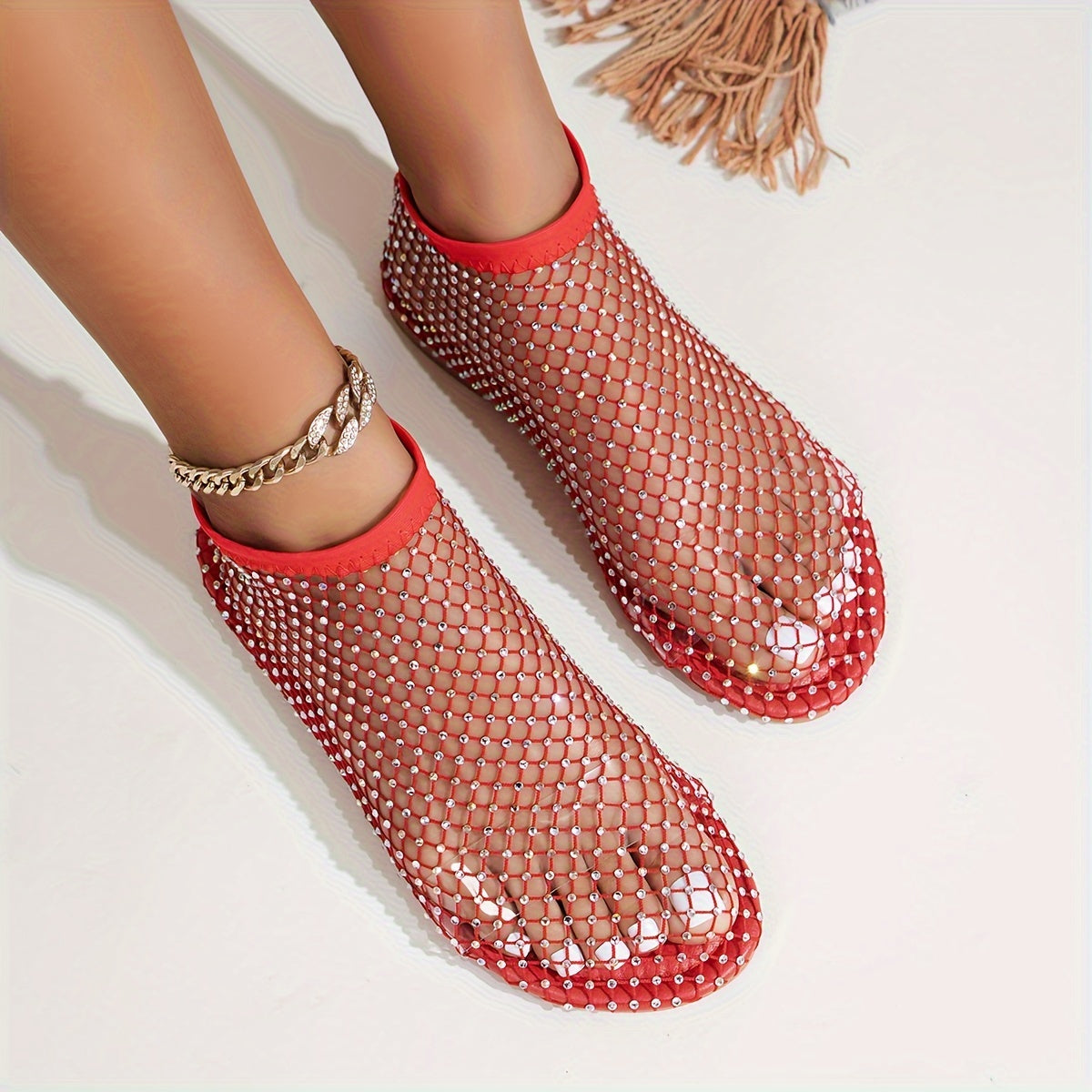 Women's Flat Mesh Sandals with Rhinestones - Sheer, Sparkling Slip-On Summer Shoes for Beach Vacations and Elegant Summer Looks