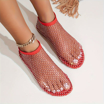 Women's Flat Mesh Sandals with Rhinestones - Sheer, Sparkling Slip-On Summer Shoes for Beach Vacations and Elegant Summer Looks