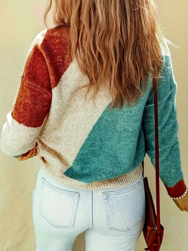 Women's Color-Block Crew-Neck Long-Sleeve Sweater – Relaxed Sweater for Fall, Winter, and Comfortable Everyday Wear