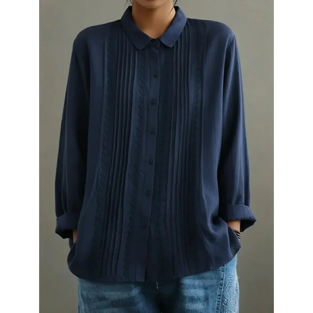 Dame Plisseret Skjortebluse Med Lange Ærmer – Afslappet Bluse Til Kontor, Hverdagsbrug Og Smart Casual Stil