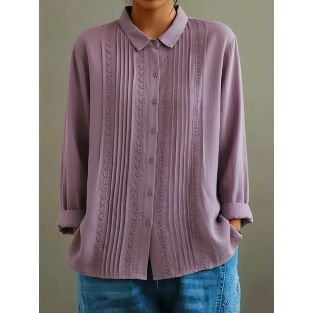 Dame Plisseret Skjortebluse Med Lange Ærmer – Afslappet Bluse Til Kontor, Hverdagsbrug Og Smart Casual Stil