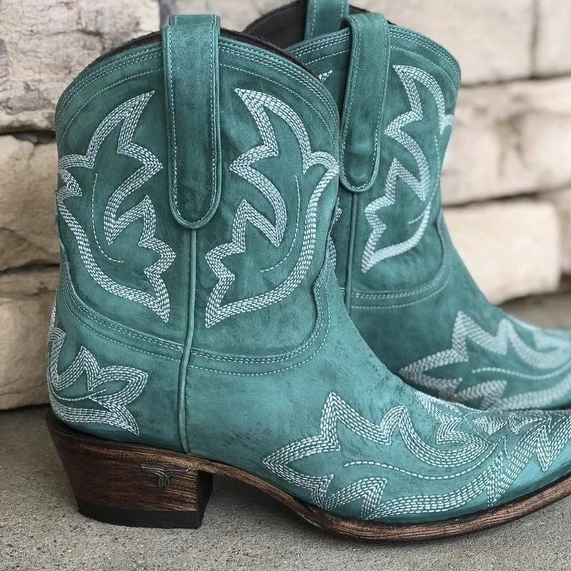 Dame Western Ankelstøvler Med Broderede Detaljer Og Blokhæl – Cowboyinspirerede Støvler Til Hverdagsbrug, Fest, Fritid Og Smart Casual Stil