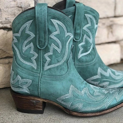 Dame Western Ankelstøvler Med Broderede Detaljer Og Blokhæl – Cowboyinspirerede Støvler Til Hverdagsbrug, Fest, Fritid Og Smart Casual Stil