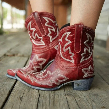 Dame Western Ankelstøvler Med Broderede Detaljer Og Blokhæl – Cowboyinspirerede Støvler Til Hverdagsbrug, Fest, Fritid Og Smart Casual Stil