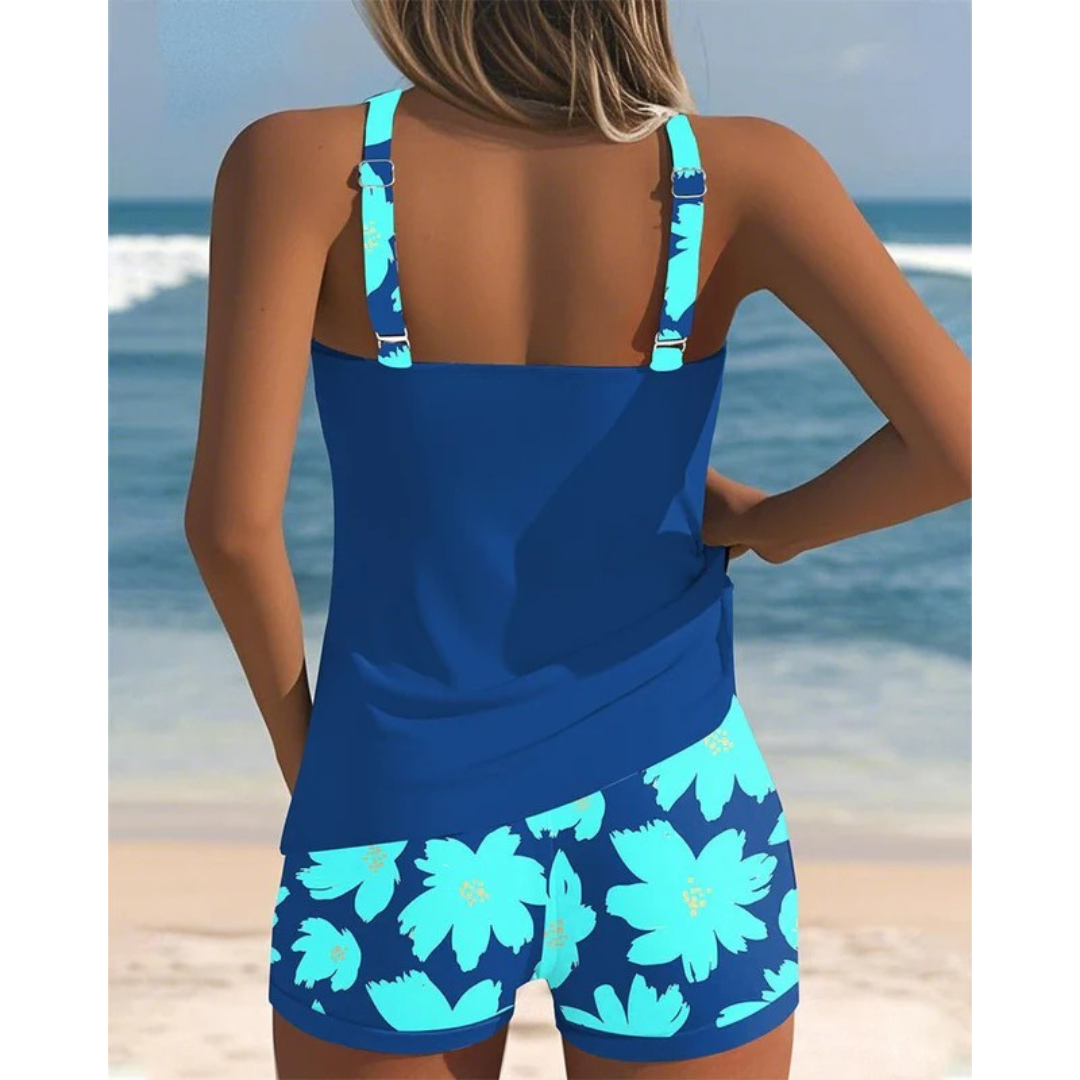 Dame Tankinisæt Med Print, Racerback-top Og Shorts – 2-delt Badetøj Til Strand, Pool, Ferie Og Sommerlige Dage