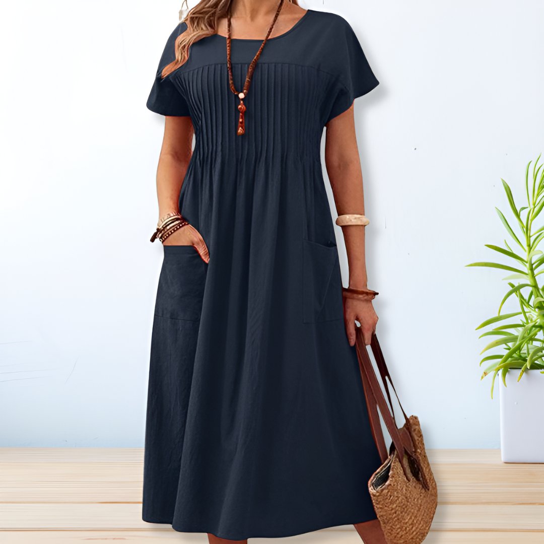 Damska swobodna sukienka midi z detalami pintuck i kieszeniami – elegancka sukienka na co dzień do biura, na wakacje, na czas wolny i w stylu smart casual