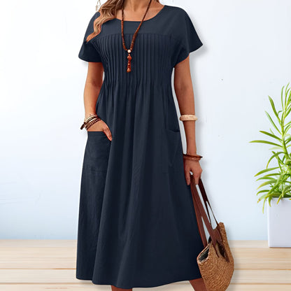 Damska swobodna sukienka midi z detalami pintuck i kieszeniami – elegancka sukienka na co dzień do biura, na wakacje, na czas wolny i w stylu smart casual