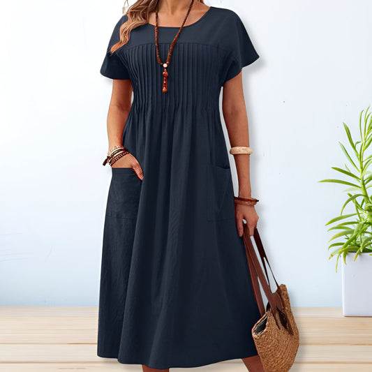 Women's Casual Midi Dress with Pintuck Details and Pockets – Elegant Everyday Dress for the Office, Vacations, Leisure, and Smart-Casual Style