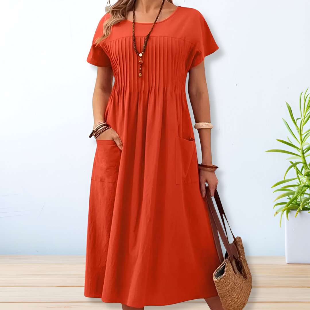 Damska swobodna sukienka midi z detalami pintuck i kieszeniami – elegancka sukienka na co dzień do biura, na wakacje, na czas wolny i w stylu smart casual