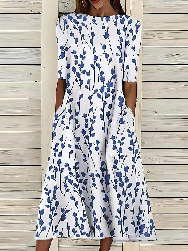Dame Blomstret Midi Kjole Med Afslappet Pasform Og Lommer