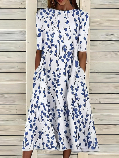 Dame Blomstret Midi Kjole Med Afslappet Pasform Og Lommer