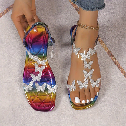 Dame Flade Sandaler Med Rhinsten Og Sommerfugledetaljer – Elegante Slingback-sko Med Gennemsigtige Remme Til Sommerfester Og Stilfuldt Hverdagsbrug