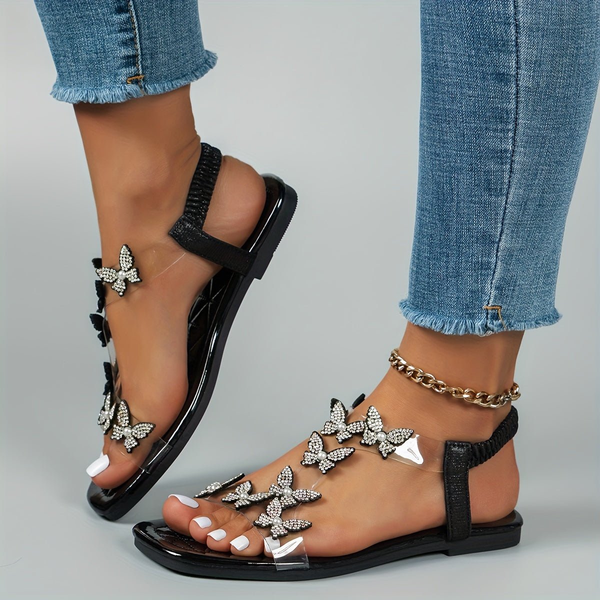 Dame Flade Sandaler Med Rhinsten Og Sommerfugledetaljer – Elegante Slingback-sko Med Gennemsigtige Remme Til Sommerfester Og Stilfuldt Hverdagsbrug