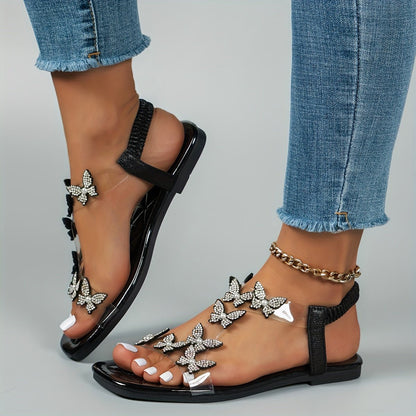 Dame Flade Sandaler Med Rhinsten Og Sommerfugledetaljer – Elegante Slingback-sko Med Gennemsigtige Remme Til Sommerfester Og Stilfuldt Hverdagsbrug