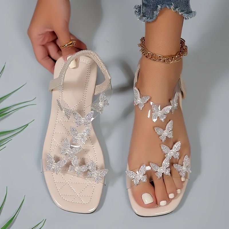Dame Flade Sandaler Med Rhinsten Og Sommerfugledetaljer – Elegante Slingback-sko Med Gennemsigtige Remme Til Sommerfester Og Stilfuldt Hverdagsbrug