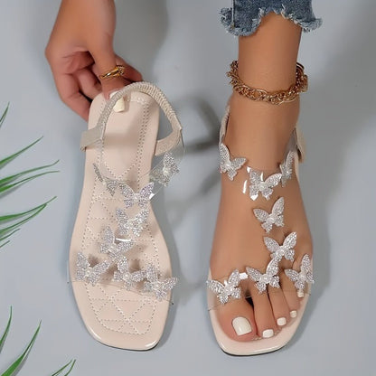 Dame Flade Sandaler Med Rhinsten Og Sommerfugledetaljer – Elegante Slingback-sko Med Gennemsigtige Remme Til Sommerfester Og Stilfuldt Hverdagsbrug