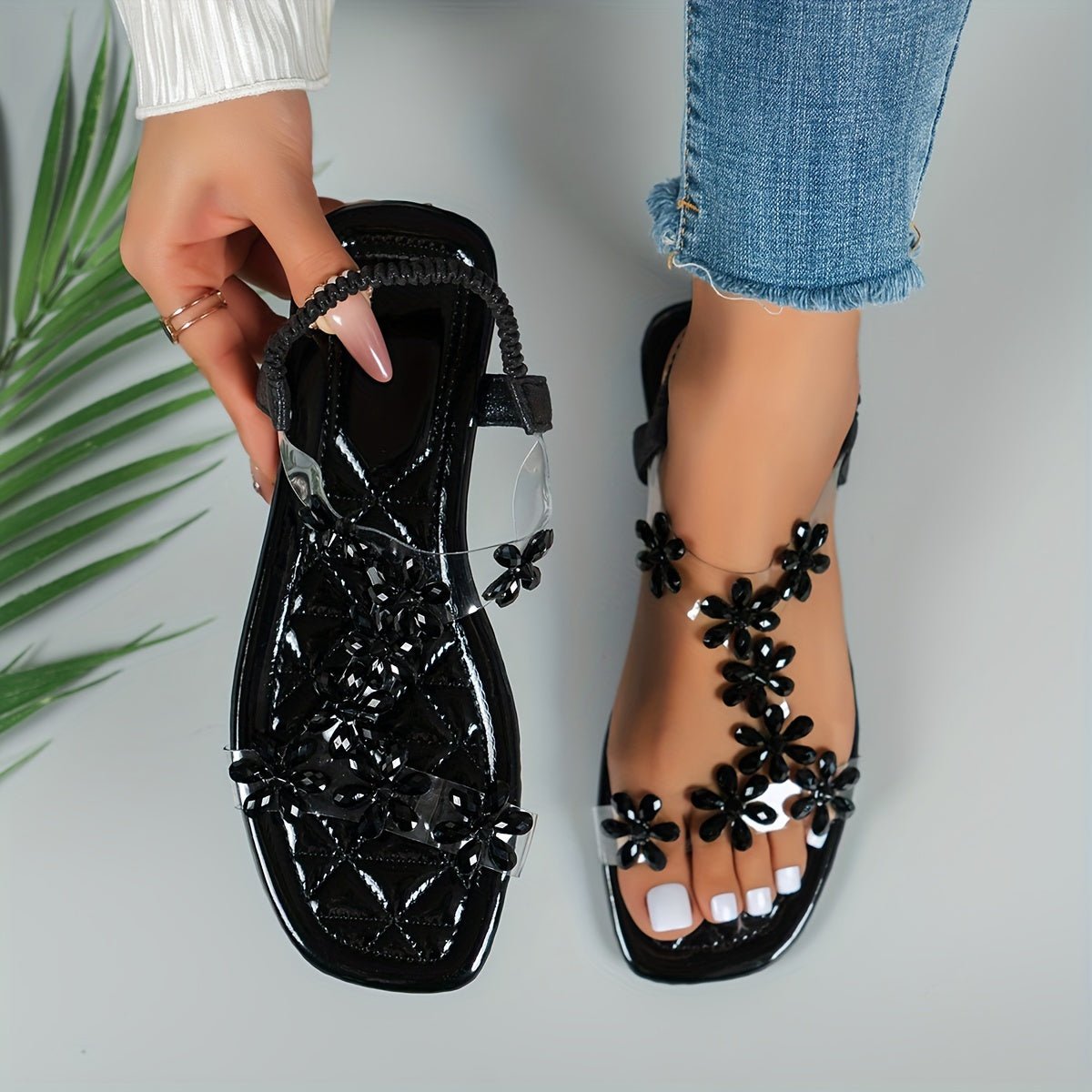 Dame Flade Sandaler Med Rhinsten Og Sommerfugledetaljer – Elegante Slingback-sko Med Gennemsigtige Remme Til Sommerfester Og Stilfuldt Hverdagsbrug