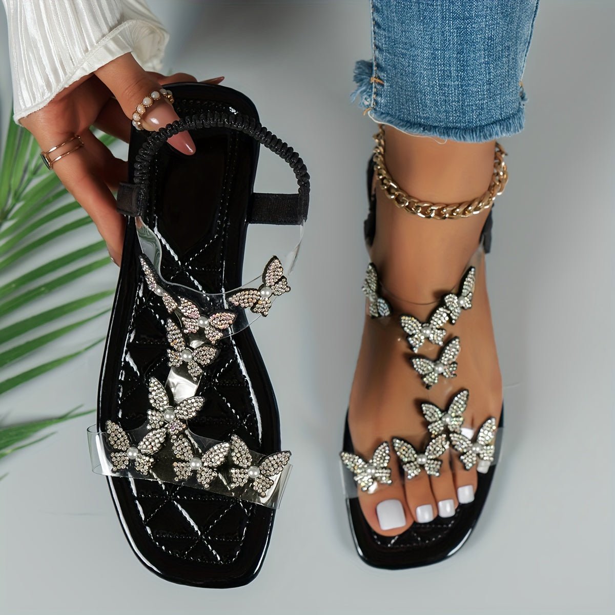 Dame Flade Sandaler Med Rhinsten Og Sommerfugledetaljer – Elegante Slingback-sko Med Gennemsigtige Remme Til Sommerfester Og Stilfuldt Hverdagsbrug