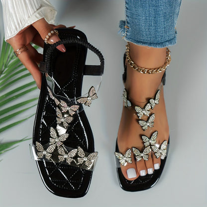 Dame Flade Sandaler Med Rhinsten Og Sommerfugledetaljer – Elegante Slingback-sko Med Gennemsigtige Remme Til Sommerfester Og Stilfuldt Hverdagsbrug