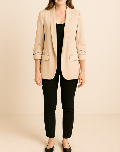 Dame Let Blazer Med Åben Front Og Rynkede Ærmer – Elegant Jakke Med Lommer Til Kontoret, Smart Casual-stil Og Hverdagsbrug